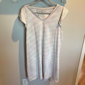 LOFT Multicolored and White Sheath Dress with V-Neck Cap Sleeves